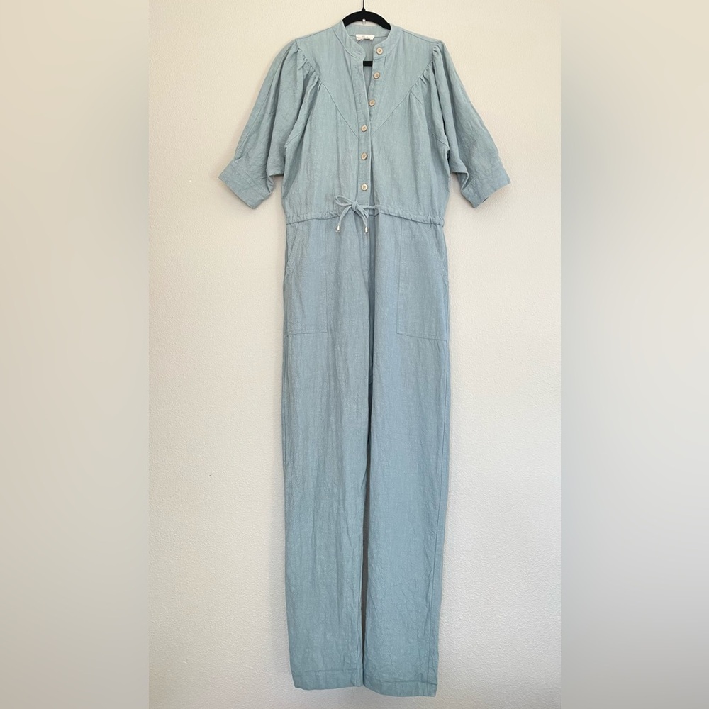 Rue Madame Women's Medium 100% Linen Jumpsuit Blue Short Puff Sleeve Button Down